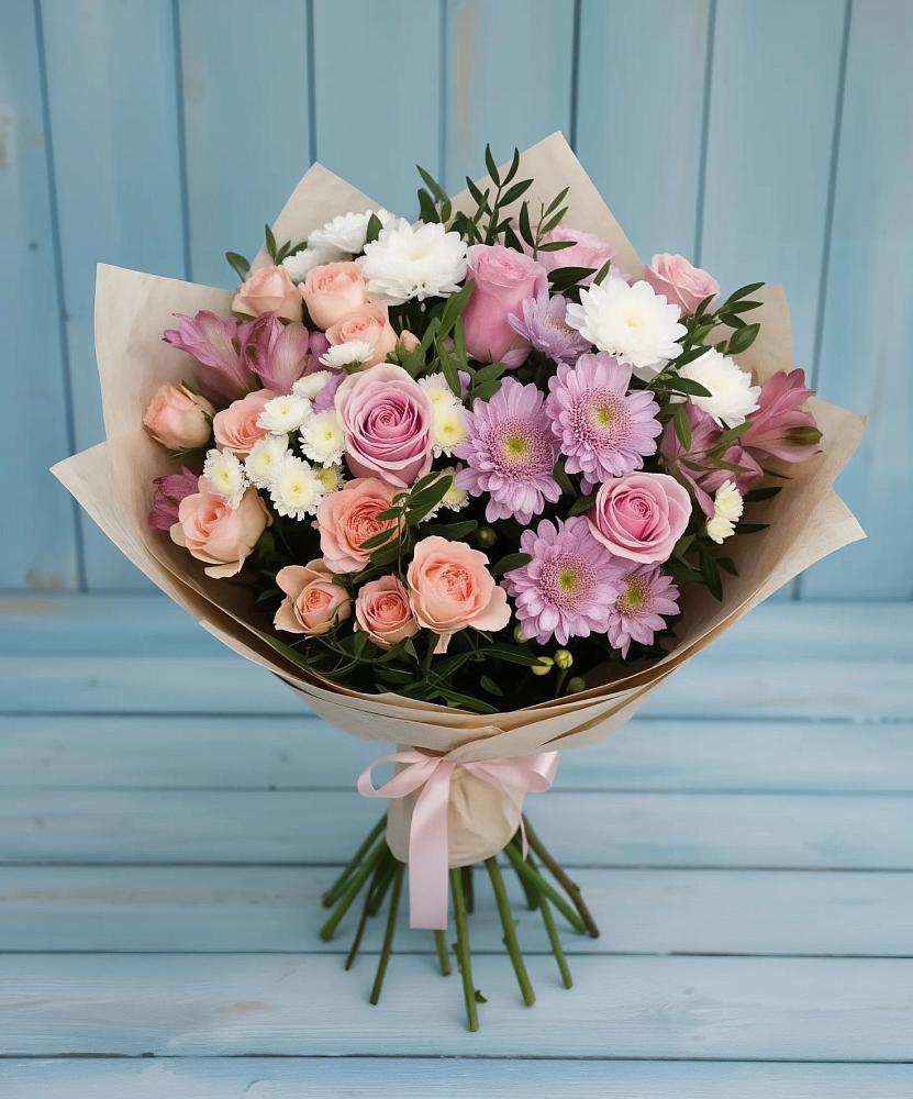 Букет цветов из: Хризантемы, Розы и Альстромерии в Исаково