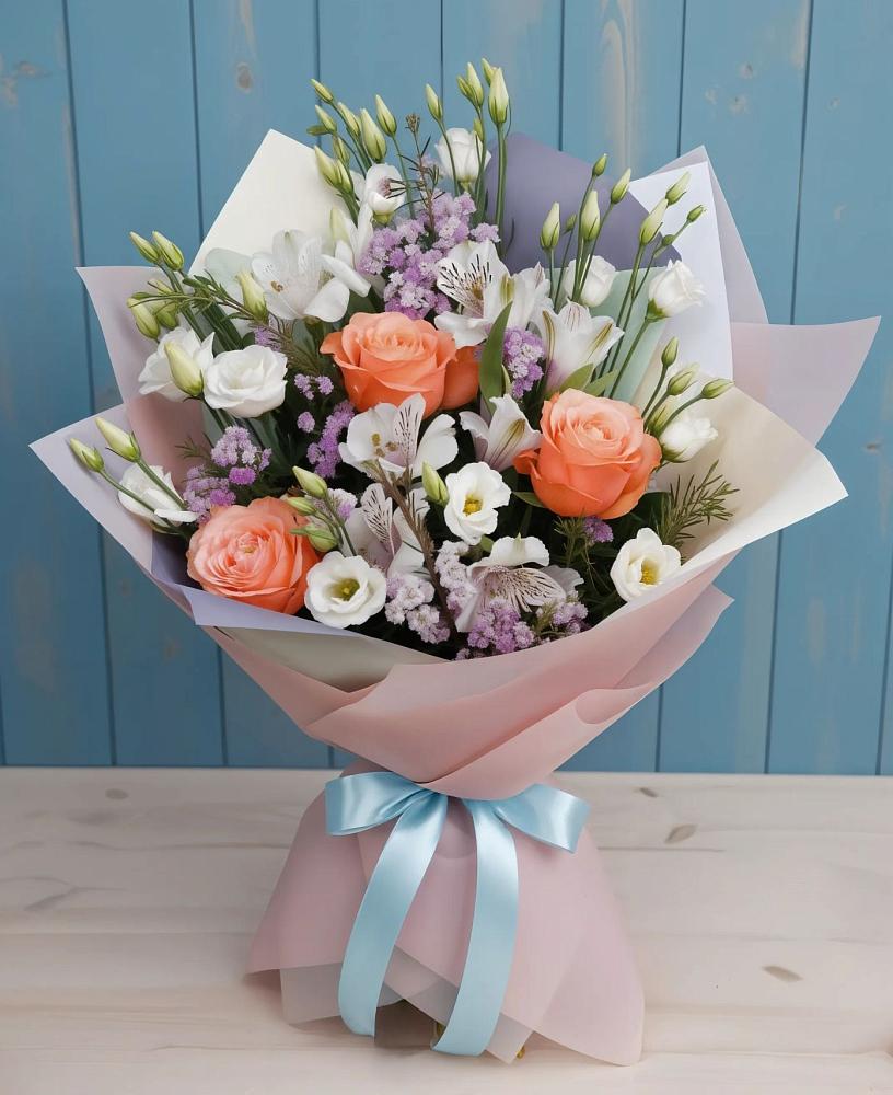 Букет цветов из: Лизиантусы, Розы, Альстромерии и Гипсофила в Исаково