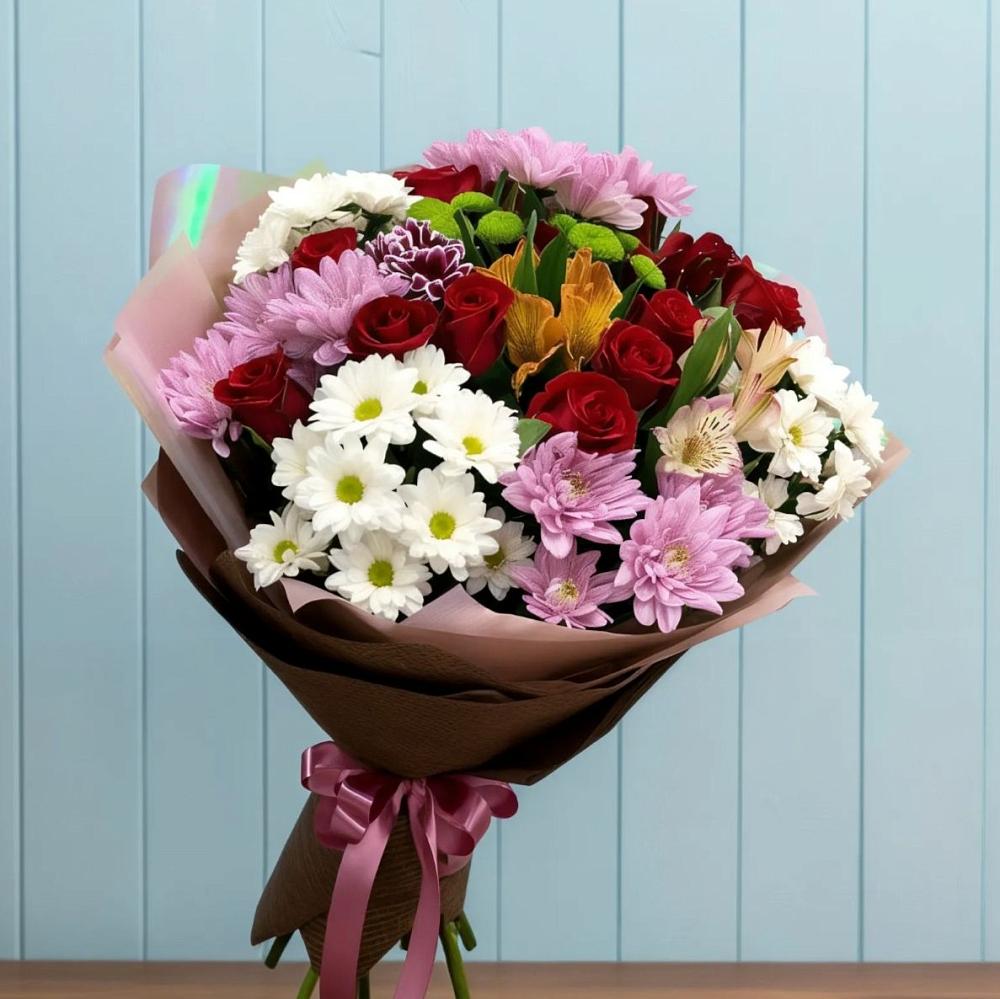 Букет цветов из: Розы, Хризантемы и Альстромерии в Исаково