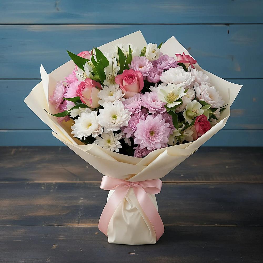 Букет цветов из: Хризантемы, Альстромерии и Розы в Исаково